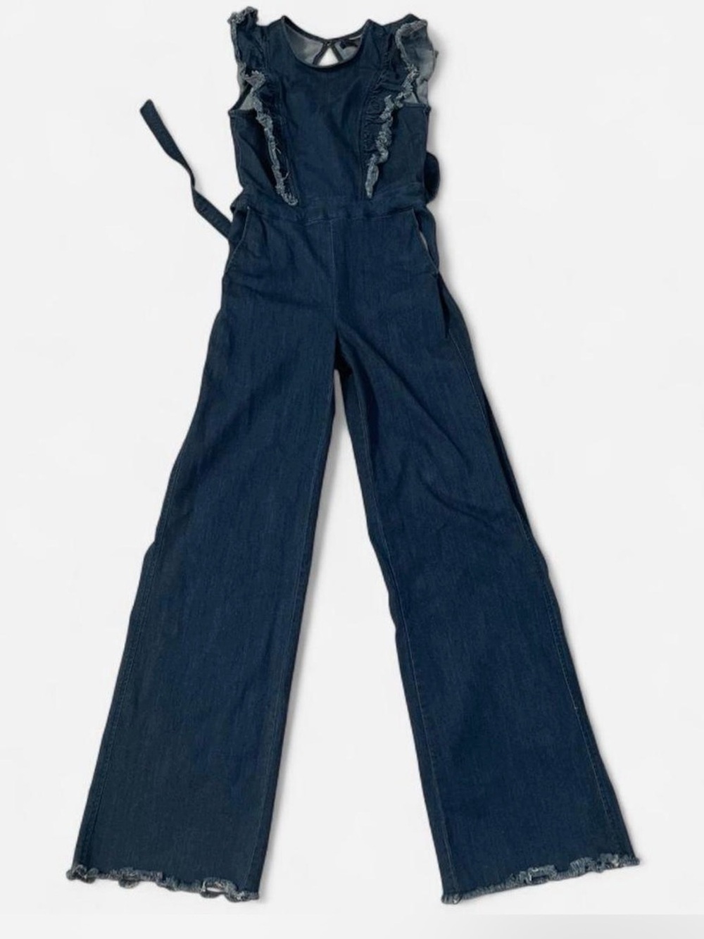 Dark Blue Denim Ruffled Wide-Leg Jumpsuit distressed